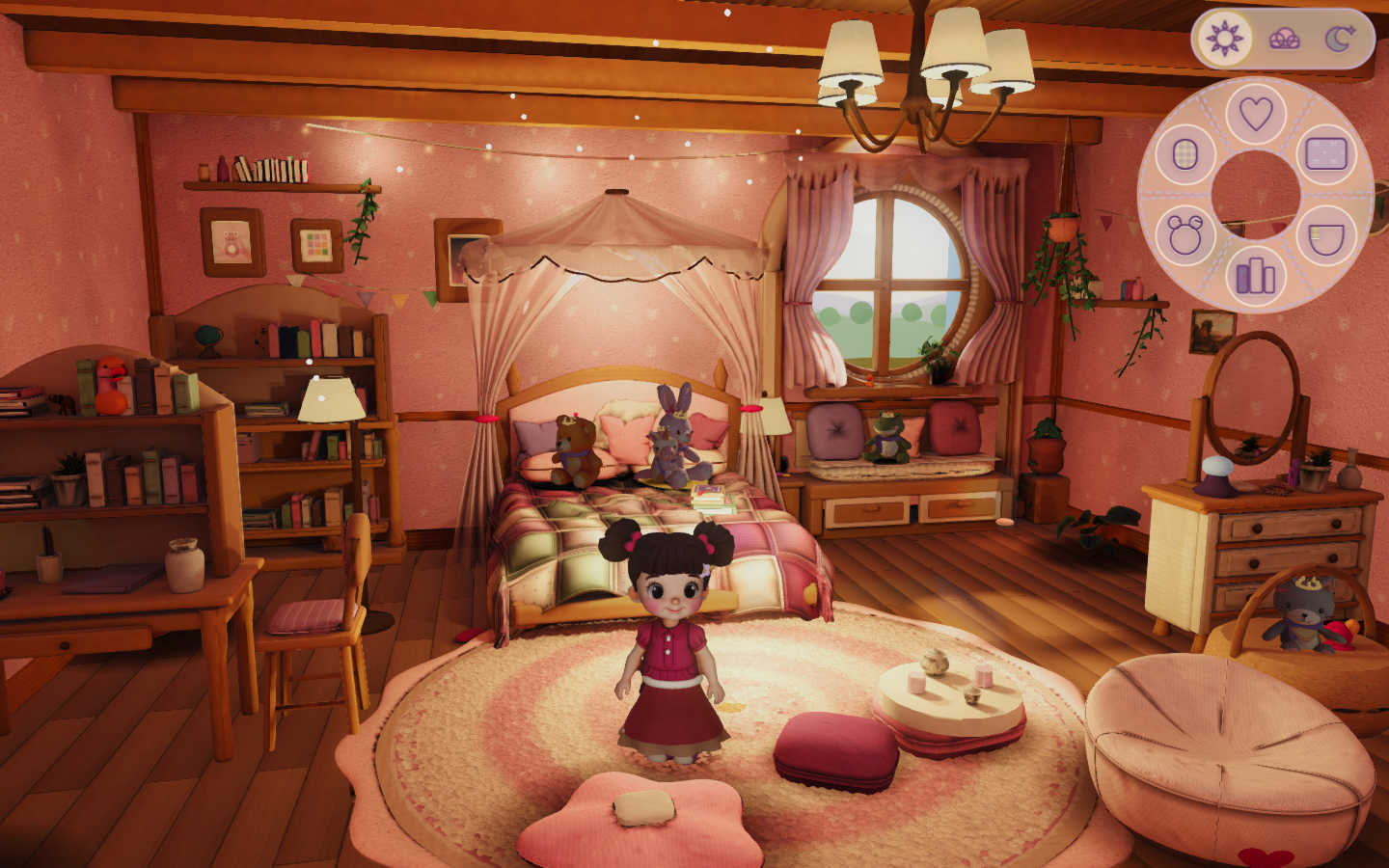 Fully dressed Bedroom with a canopy bed, layered lighting, furnishings, plants and plush friends