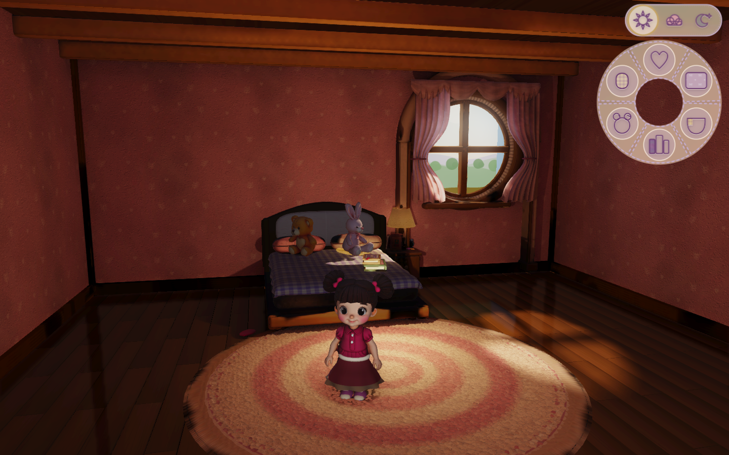 Starter Bedroom with a bed, bedside lamp and Bear and Bunny