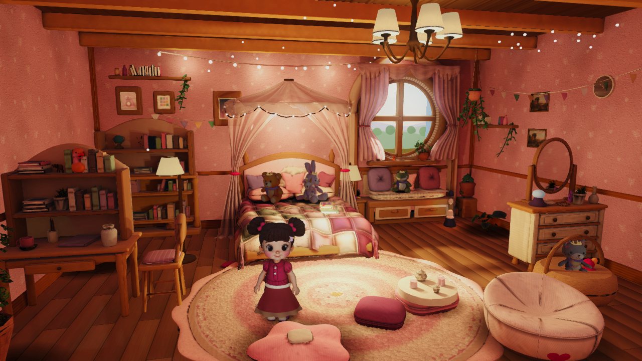 A girl stands in a warmly lit pink bedroom filled with books, plants, a patchwork bed and plush friends