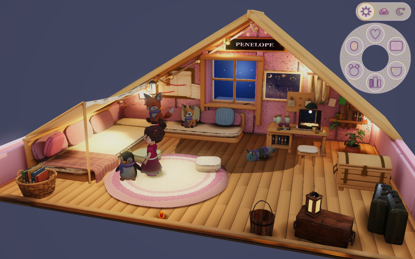 Fully dressed Star Loft with soft seating, string lights and plush friends