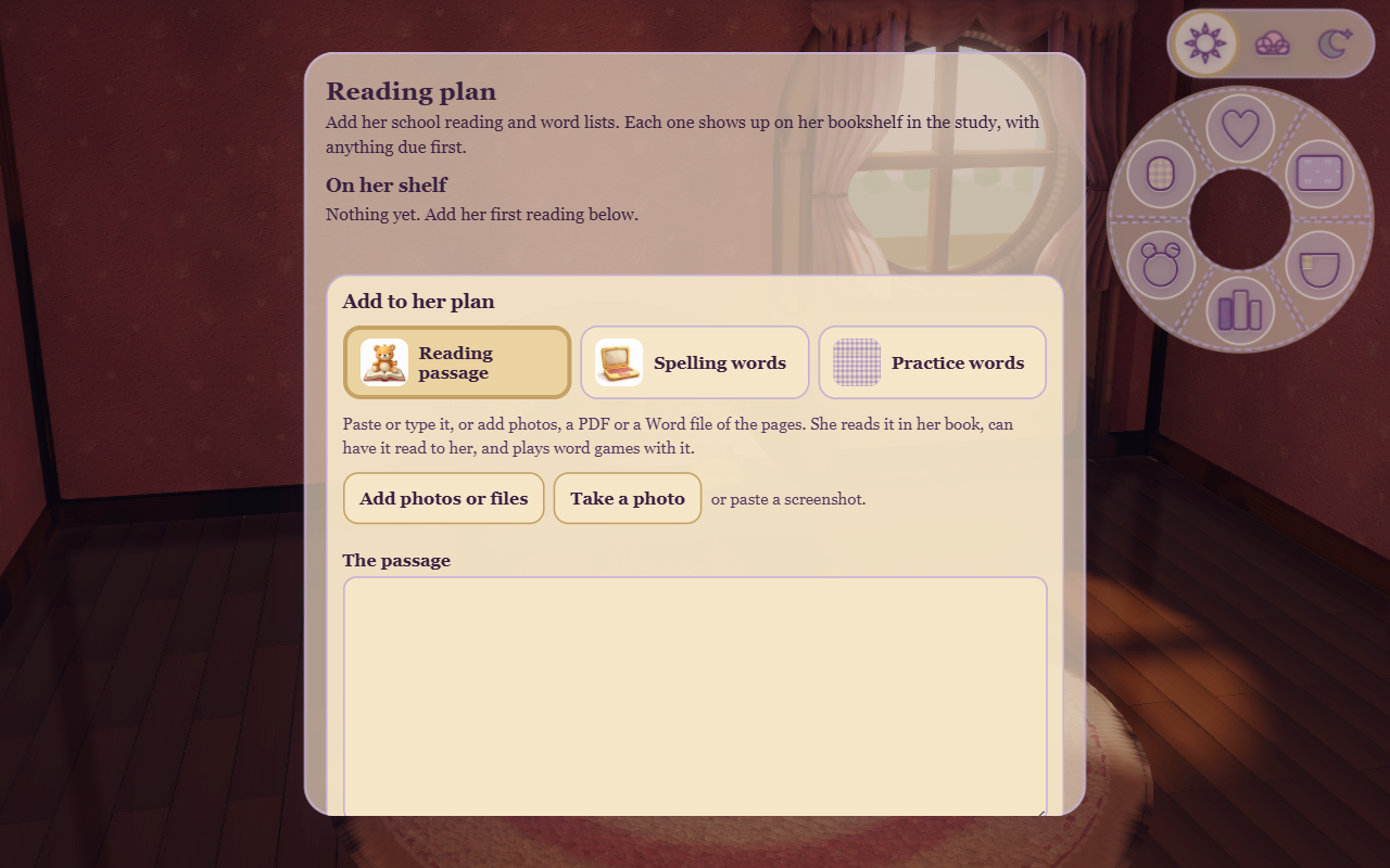 Parent reading plan in Penelope's Game, showing options for a reading passage, spelling words, practice words and adding photos or files