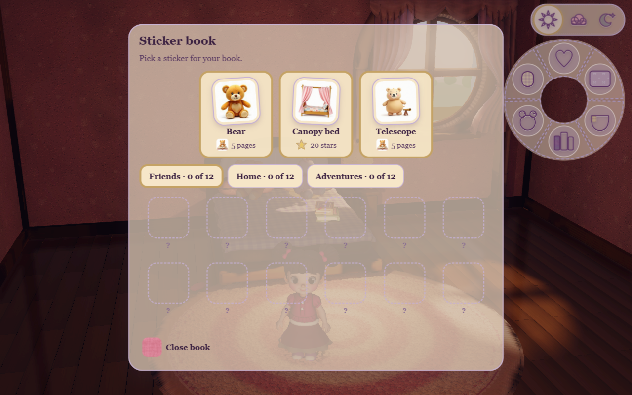 In-game sticker book offering bear, canopy bed and telescope stickers, with pages for friends, home and adventures