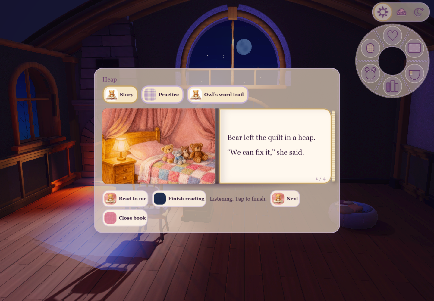 In-game storybook with an illustrated plush-bear story, a short passage and reading controls inside the moonlit Study