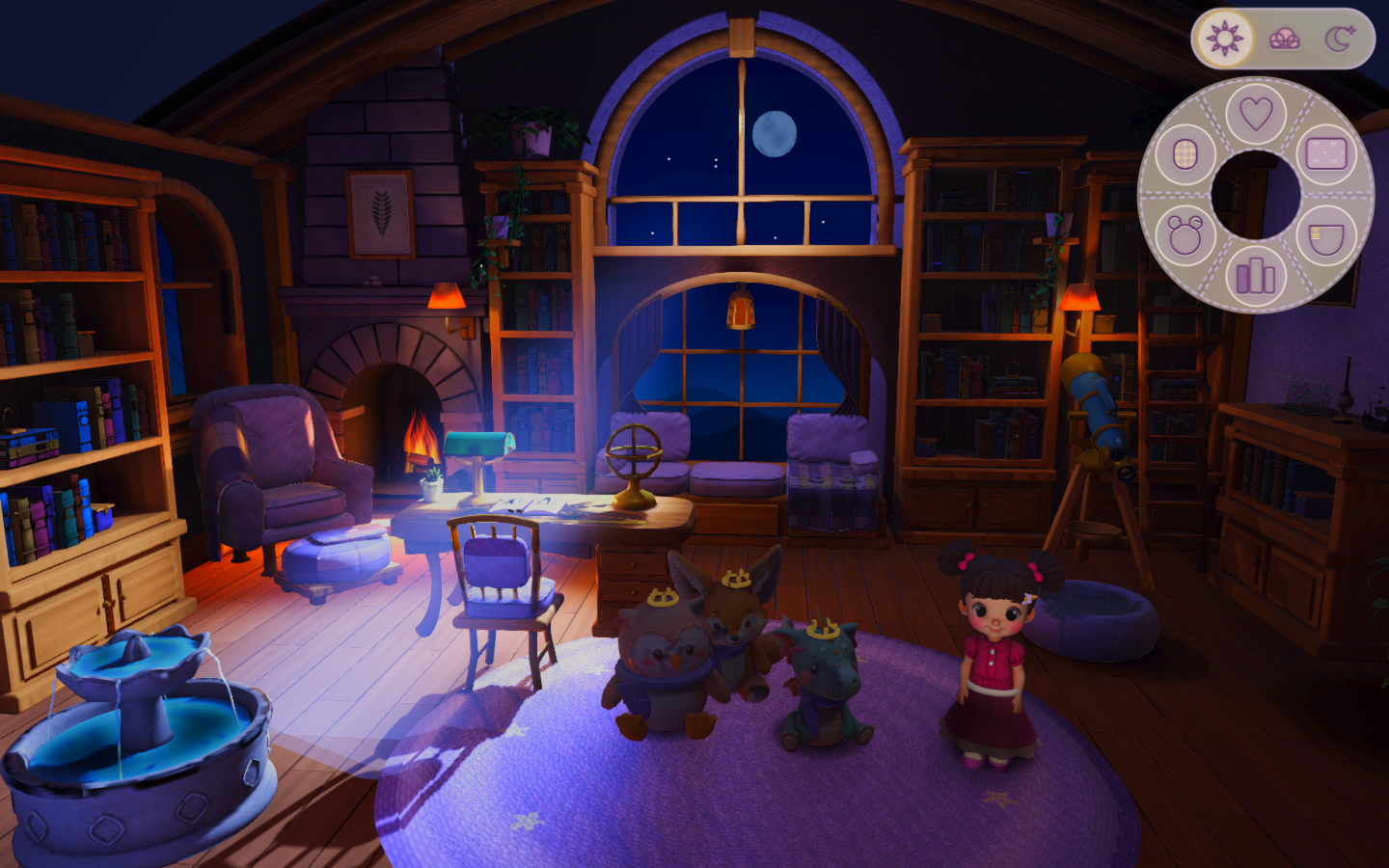 Fully dressed moonlit Study with warm firelight, reading furniture and plush friends